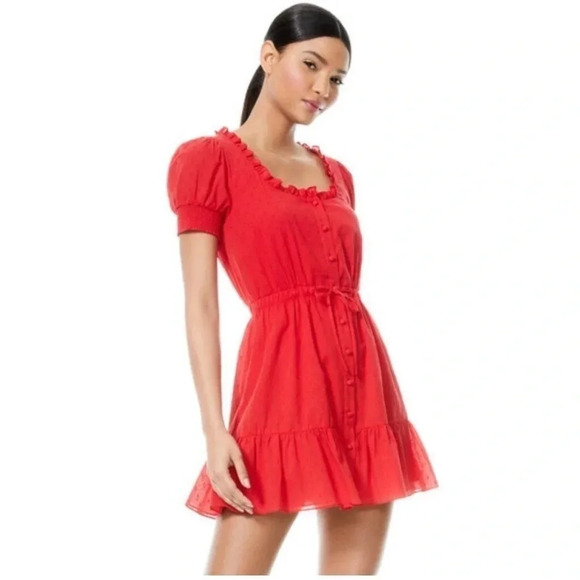 Alice + Olivia Avi Ruffle Swiss Dot Red Mini Dress - Size 4 - Picture 2 of 13